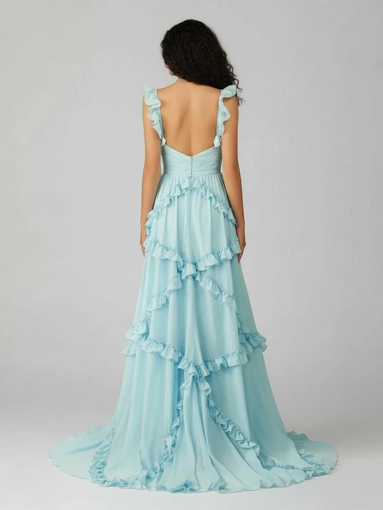 Sweetheart Ruffle Strap Tiered Chiffon Prom Dress Cutout Waist Backless Sweep Train Formal Evening Gown