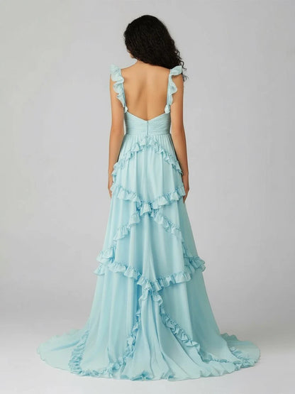 Sweetheart Ruffle Strap Tiered Chiffon Prom Dress Cutout Waist Backless Sweep Train Formal Evening Gown