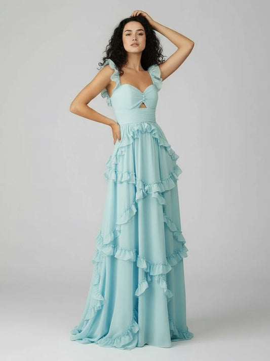Sweetheart Ruffle Strap Tiered Chiffon Prom Dress Cutout Waist Backless Sweep Train Formal Evening Gown
