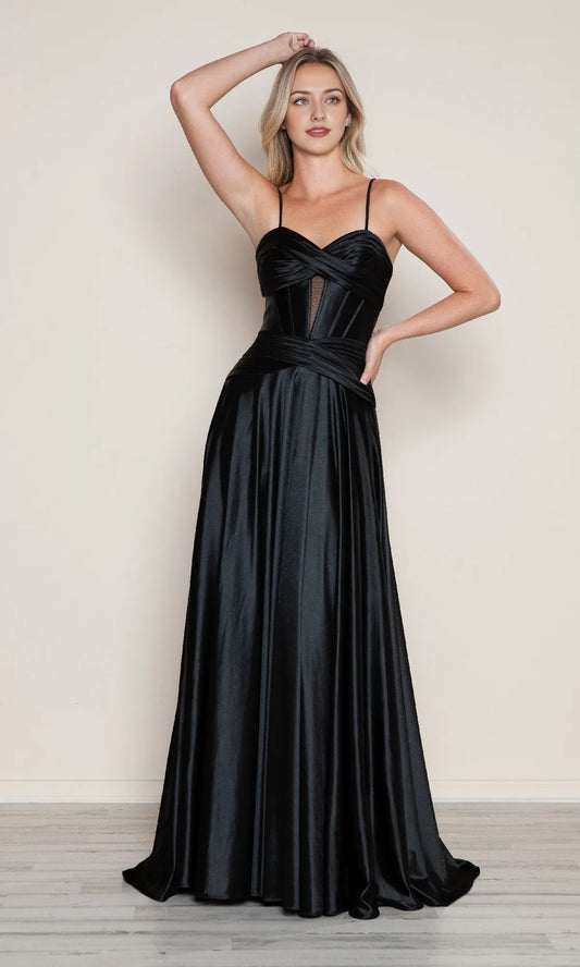 Sweetheart collar sleeveless backless thin shoulder strap with side slit and floor length evening dress