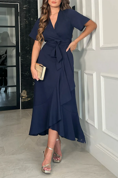 A-shaped V-neck ruffled waist belt mother of the bride dress