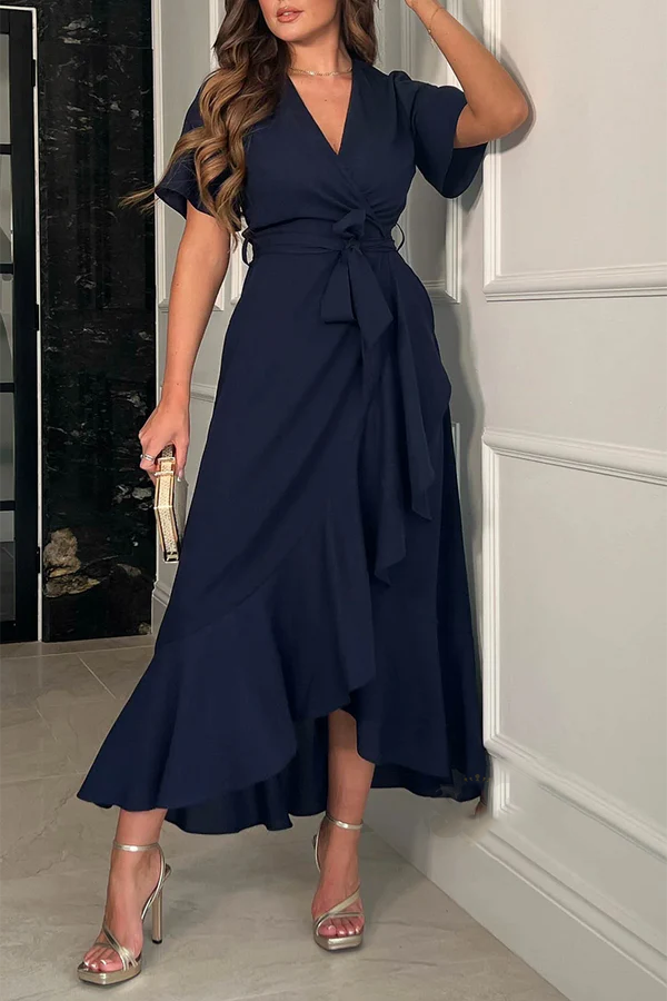 A-shaped V-neck ruffled waist belt mother of the bride dress