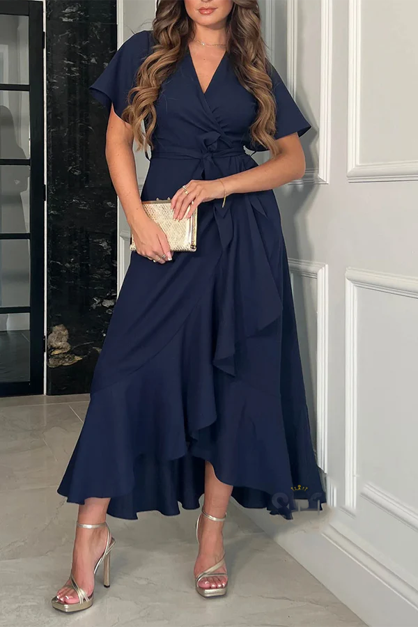A-shaped V-neck ruffled waist belt mother of the bride dress