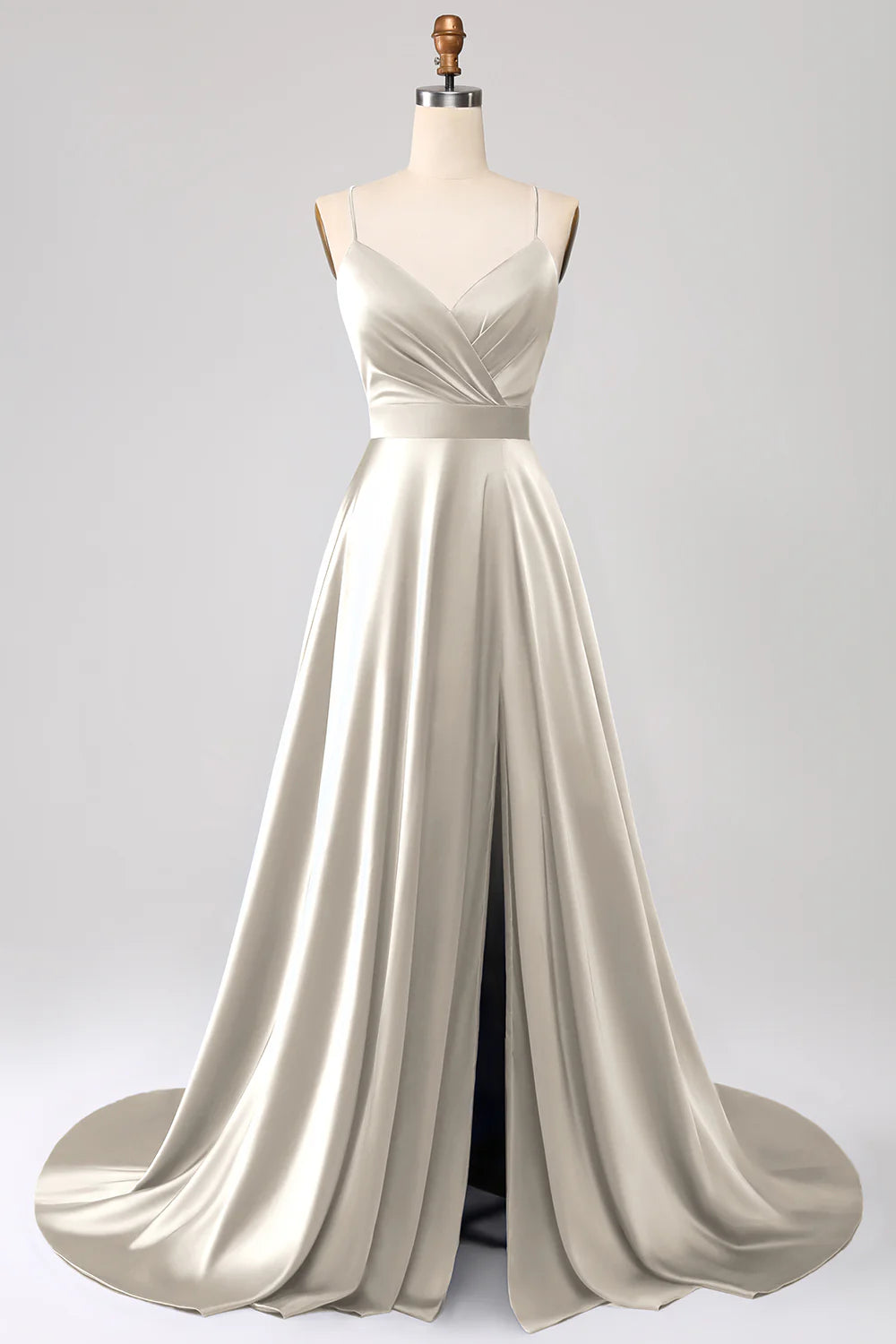 Dusty Rose A-line thin shoulder strap slit satin ball dress