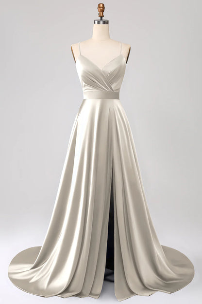 Dusty Rose A-line thin shoulder strap slit satin ball dress