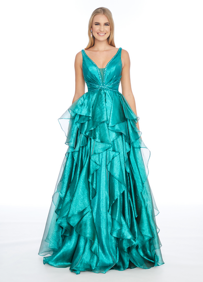 Teal Beaded V Neck Ruffled Organza A Line Prom Dress Deep V Back Prom Gown