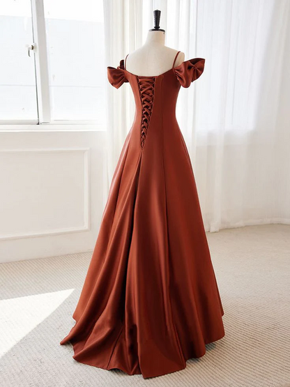 Elegant Satin A-Line Off-Shoulder Bow Lace-Up Terracotta Floor-Length Prom Dress