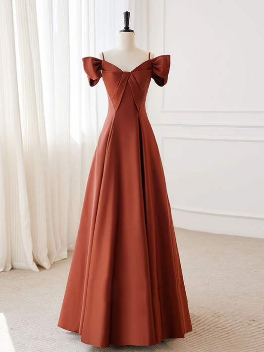 Terracotta Satin Off-Shoulder Bow-Detail Lace-Up-Back A-Line Floor-Length Prom Dresses