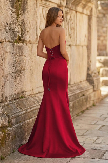 Red Satin Strapless Evening Dresses Sweetheart Corset Lace Up Back High Slit Train Formal Gown