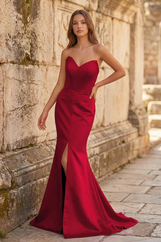 Red Satin Strapless Evening Dresses Sweetheart Corset Lace Up Back High Slit Train Formal Gown