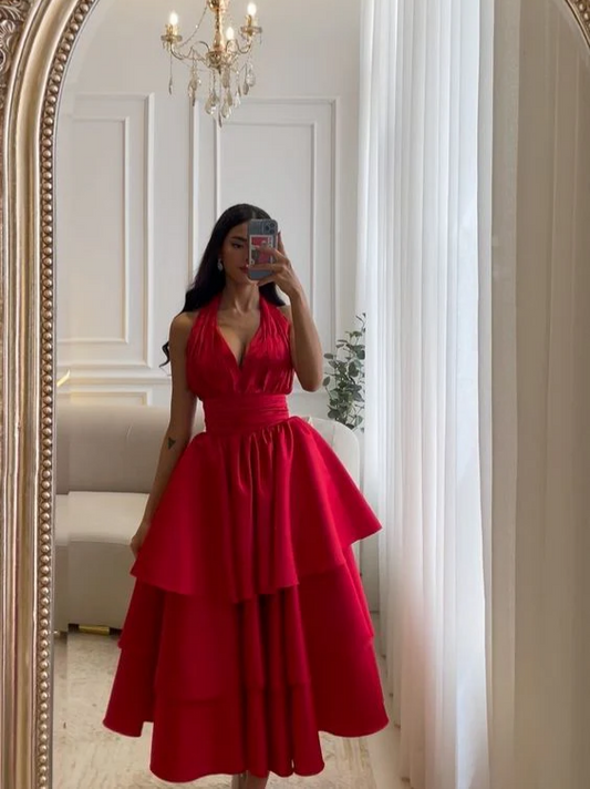 Tiered crepe A-line halter-neck sleeveless open-back midi prom dresses