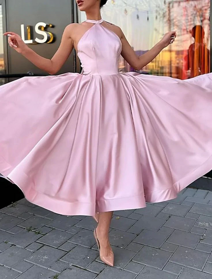 Tiered crepe A-line halter-neck sleeveless open-back midi prom dresses