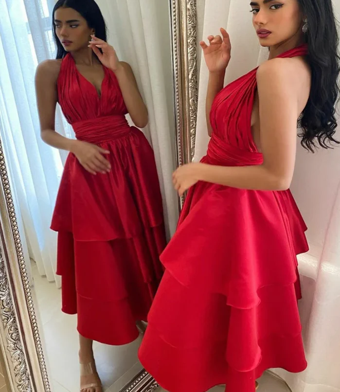 Tiered crepe A-line halter-neck sleeveless open-back midi prom dresses