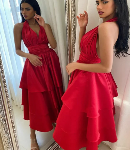 Tiered crepe A-line halter-neck sleeveless open-back midi prom dresses