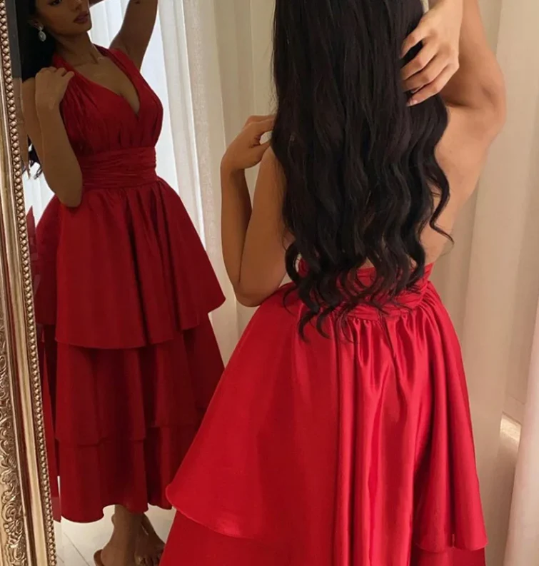 Tiered crepe A-line halter-neck sleeveless open-back midi prom dresses