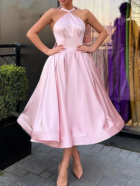 Tiered crepe A-line halter-neck sleeveless open-back midi prom dresses