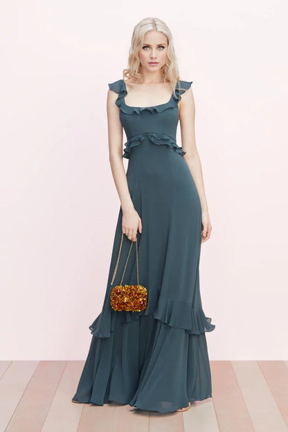 Timeless A-Line Square Neck Sleeveless Back Zip Ruffled Tiered Floor-Length Evening Dress