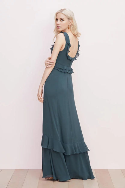 Timeless A-Line Square Neck Sleeveless Back Zip Ruffled Tiered Floor-Length Evening Dress