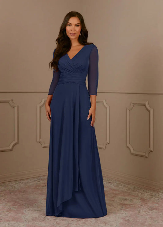 Timeless Chiffon A-Line V-Neck 3/4 Sleeve Floor Length Mother of the Bride Dress