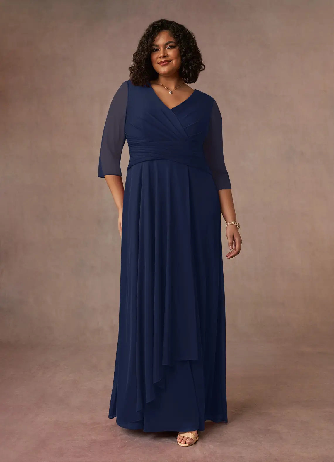 Timeless Chiffon A-Line V-Neck 3/4 Sleeve Floor Length Mother of the Bride Dress