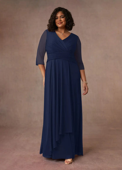 Timeless Chiffon A-Line V-Neck 3/4 Sleeve Floor Length Mother of the Bride Dress