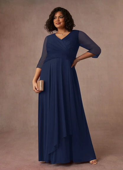 Timeless Chiffon A-Line V-Neck 3/4 Sleeve Floor Length Mother of the Bride Dress