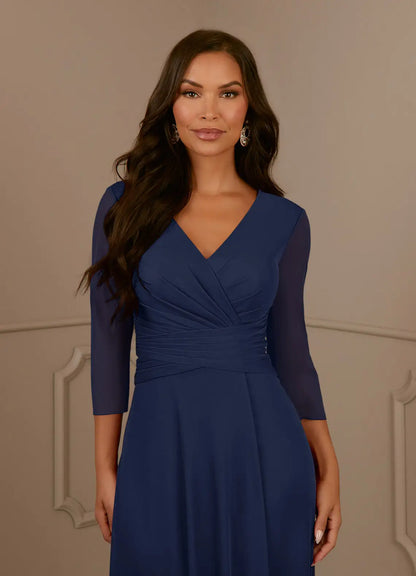 Timeless Chiffon A-Line V-Neck 3/4 Sleeve Floor Length Mother of the Bride Dress