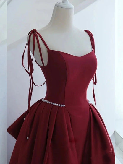 Timeless Burgundy Satin A-Line Spaghetti Strap Pearl Trim Bow Back Prom Dresses