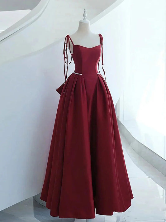 Timeless Burgundy Satin A-Line Spaghetti Strap Pearl Trim Bow Back Prom Dresses