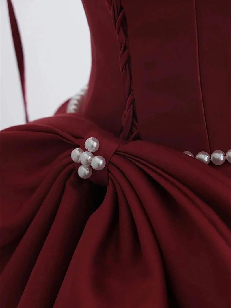 Timeless Burgundy Satin A-Line Spaghetti Strap Pearl Trim Bow Back Prom Dresses