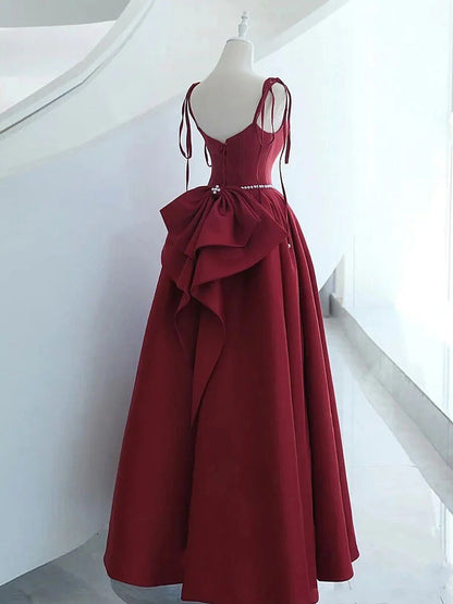 Timeless Burgundy Satin A-Line Spaghetti Strap Pearl Trim Bow Back Prom Dresses