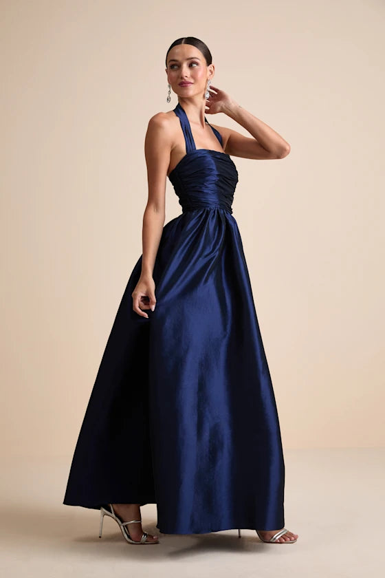 Timeless Halter Evening Dresses with Ruched Bodice, Voluminous A-Line Skirt, Hidden Side Pockets and Lustrous Satin Formal Gown