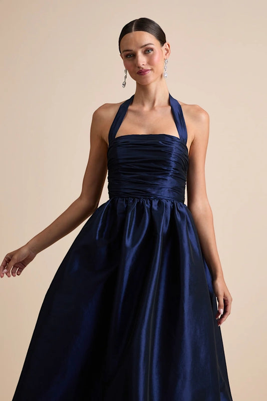 Timeless Halter Evening Dresses with Ruched Bodice, Voluminous A-Line Skirt, Hidden Side Pockets and Lustrous Satin Formal Gown