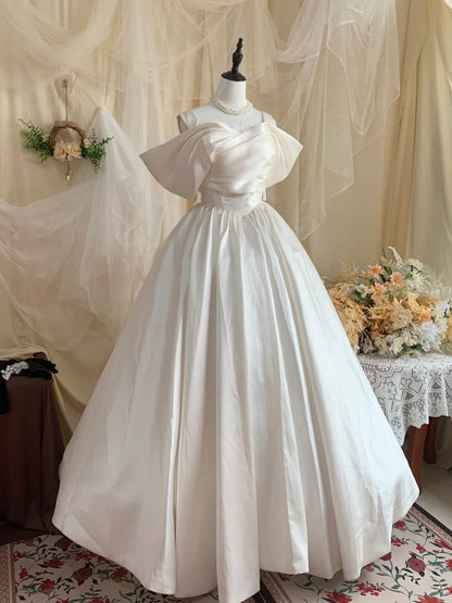 Timeless Ivory Satin Ball Gown Off-the-Shoulder Sweetheart Neck Lace-Up Back Prom Dresses