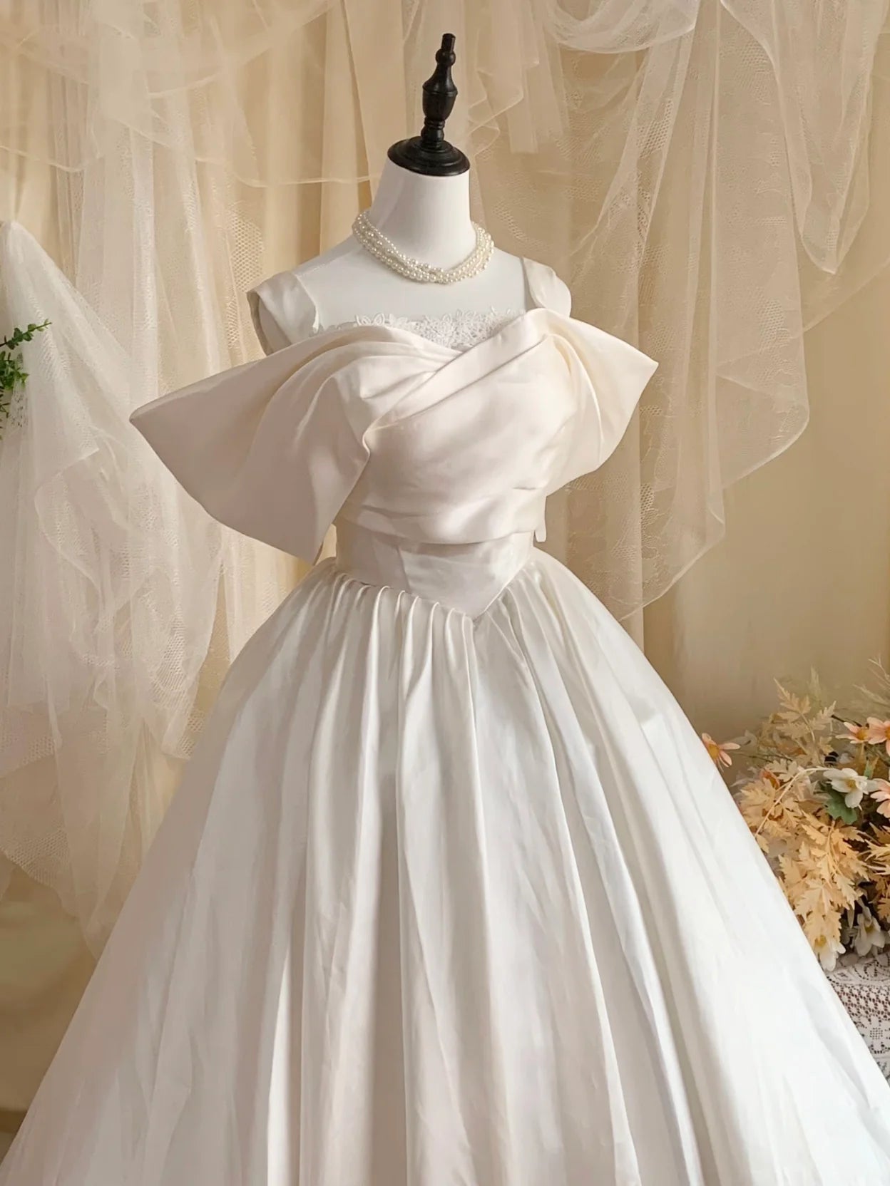 Timeless Ivory Satin Ball Gown Off-the-Shoulder Sweetheart Neck Lace-Up Back Prom Dresses