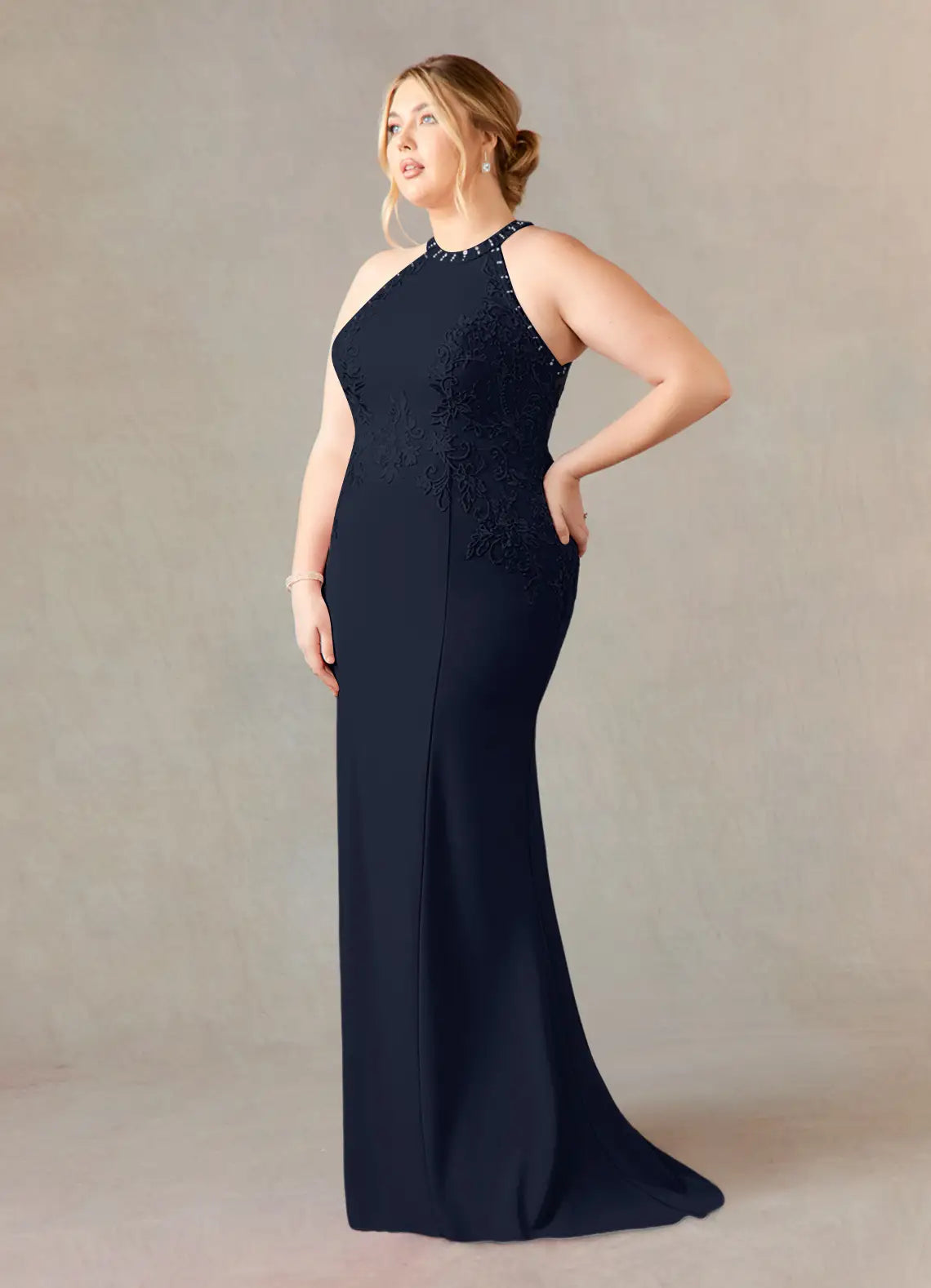Timeless Lace & Crepe Mermaid Halter Sleeveless Floor Length Mother of the Bride Dress
