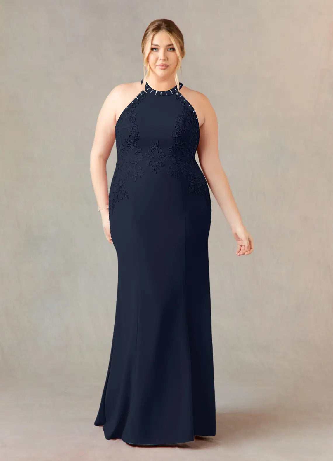 Timeless Lace & Crepe Mermaid Halter Sleeveless Floor Length Mother of the Bride Dress