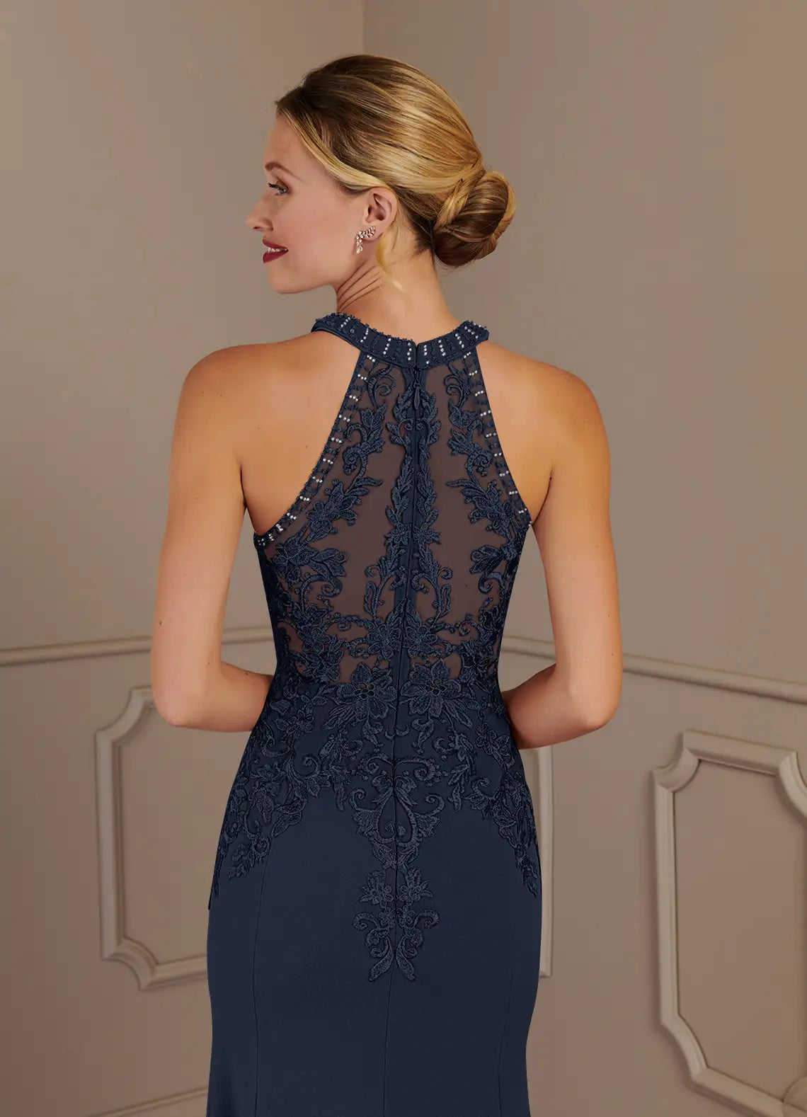 Timeless Lace & Crepe Mermaid Halter Sleeveless Floor Length Mother of the Bride Dress