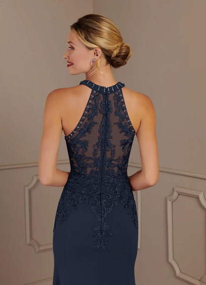 Timeless Lace & Crepe Mermaid Halter Sleeveless Floor Length Mother of the Bride Dress
