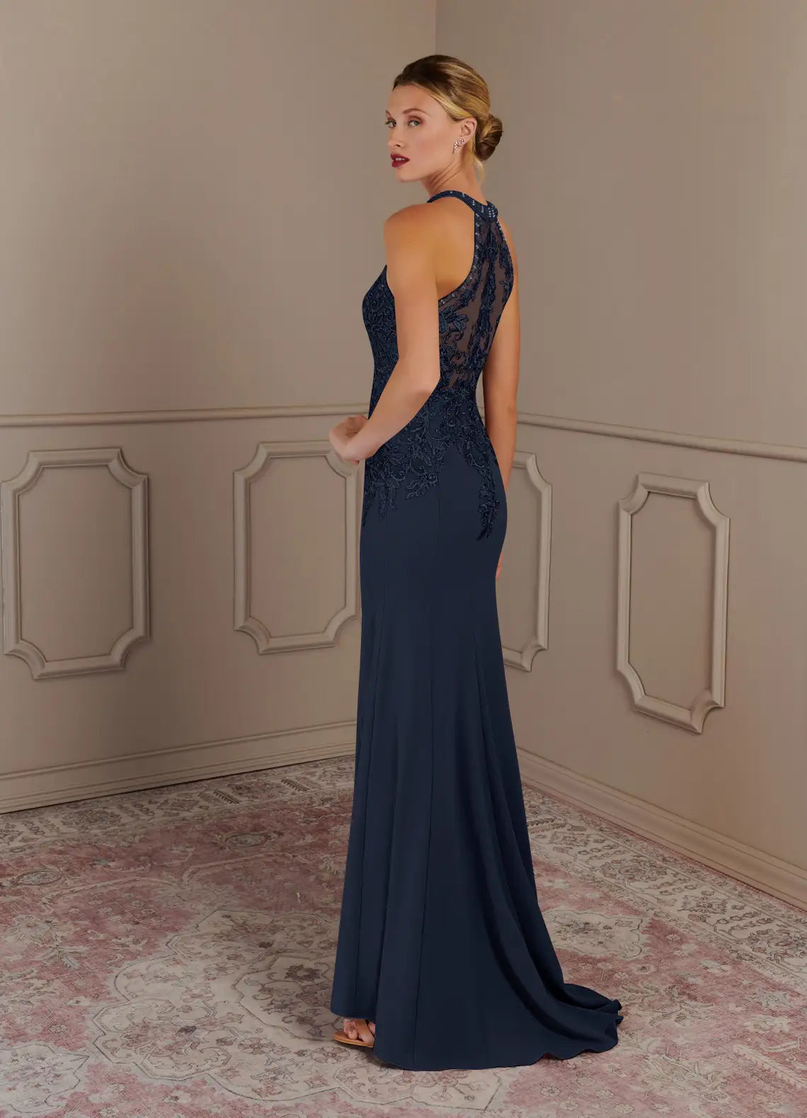 Timeless Lace & Crepe Mermaid Halter Sleeveless Floor Length Mother of the Bride Dress