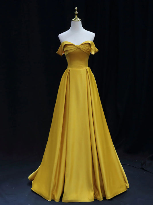 Timeless Off-Shoulder Corset-Back Floor-Length A-Line Satin Prom Dress