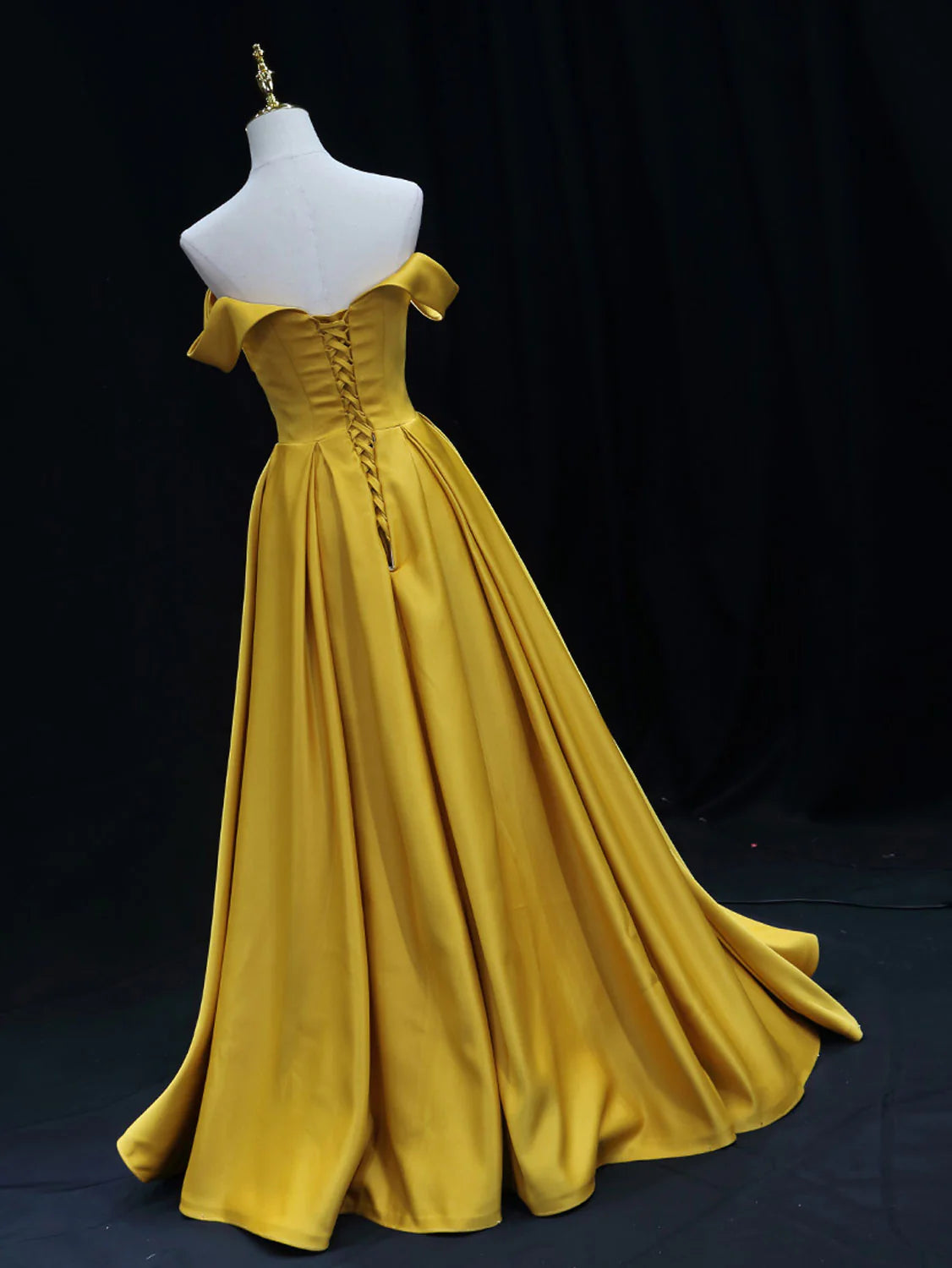 Timeless Off-Shoulder Corset-Back Floor-Length A-Line Satin Prom Dress