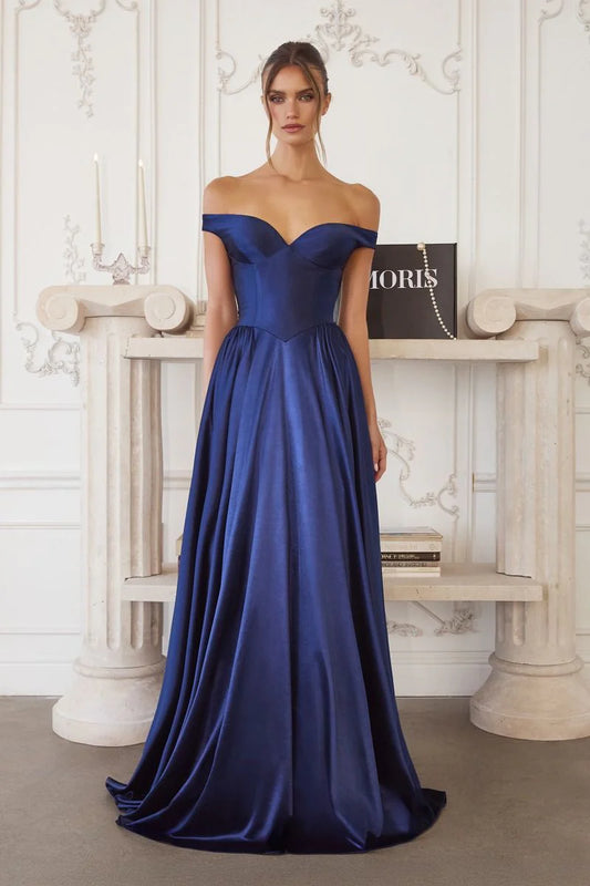Timeless satin a line off shoulder sleeveless open back floor length evening dress with side pockets and train