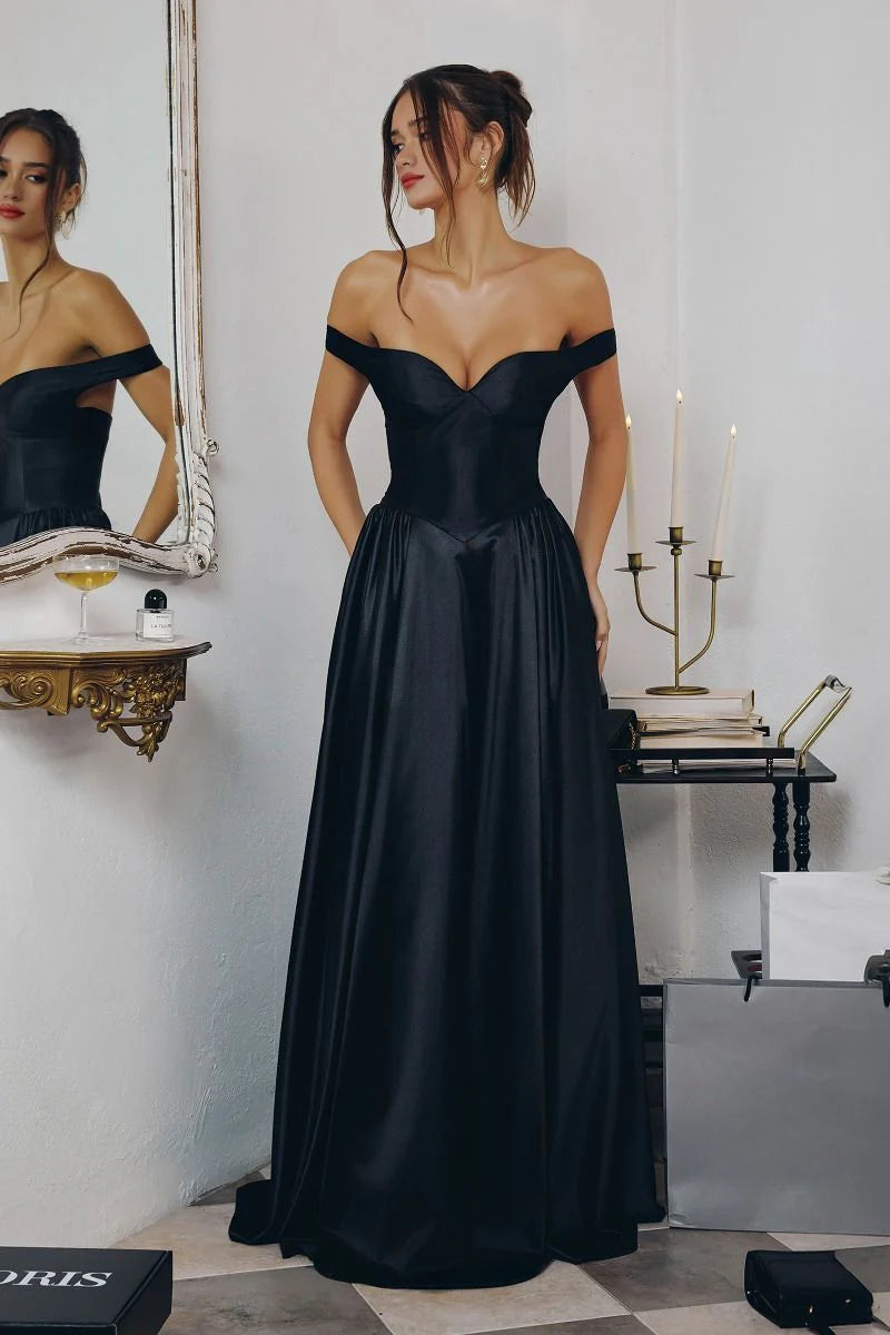 Timeless satin a line off shoulder sleeveless open back floor length evening dress with side pockets and train