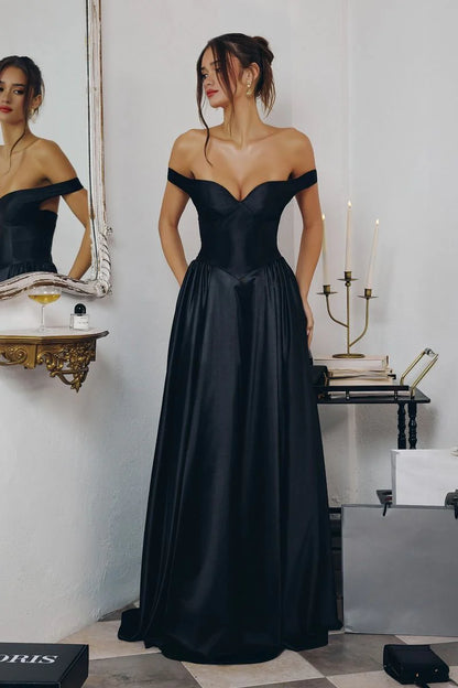 Timeless satin a line off shoulder sleeveless open back floor length evening dress with side pockets and train