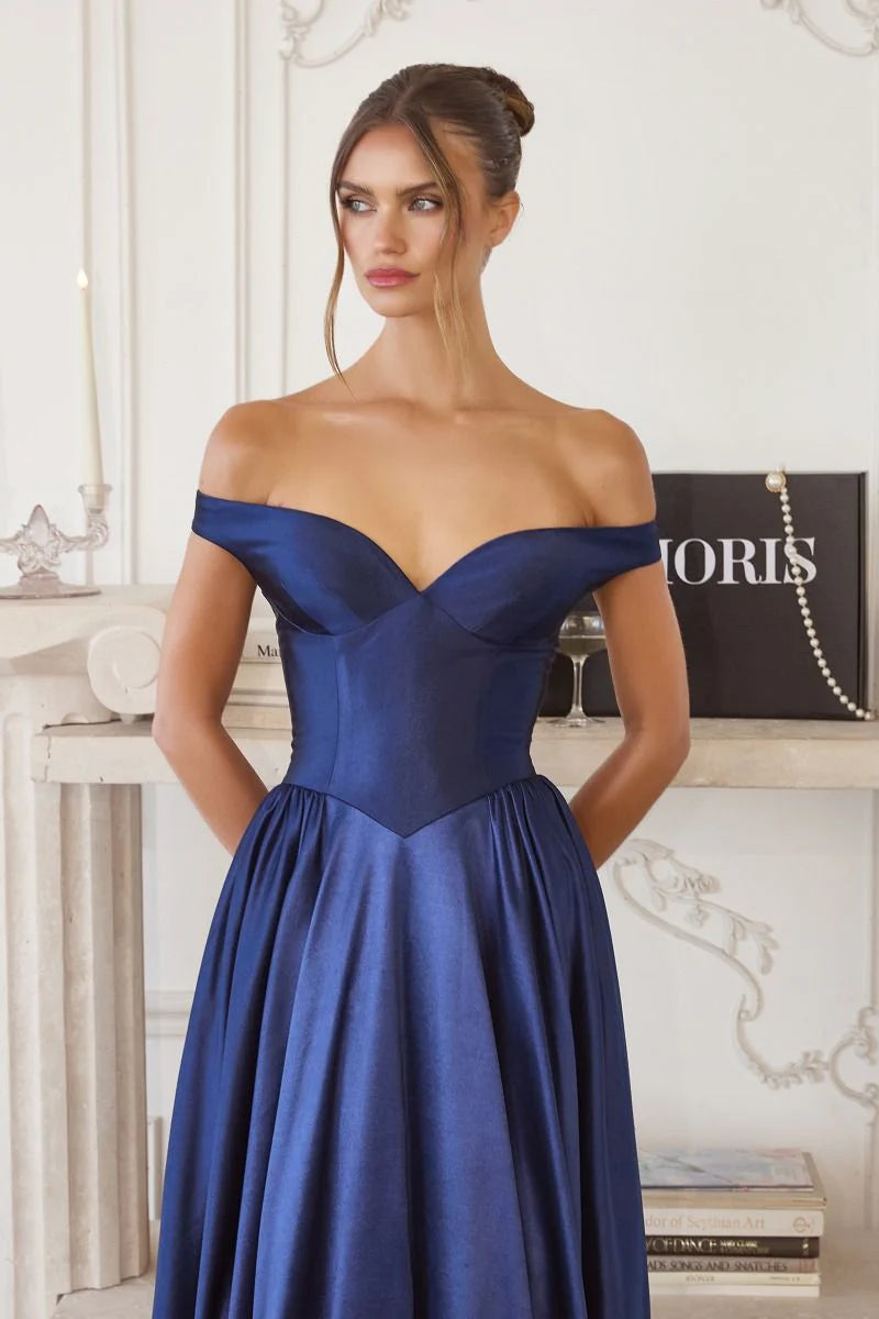 Timeless satin a line off shoulder sleeveless open back floor length evening dress with side pockets and train