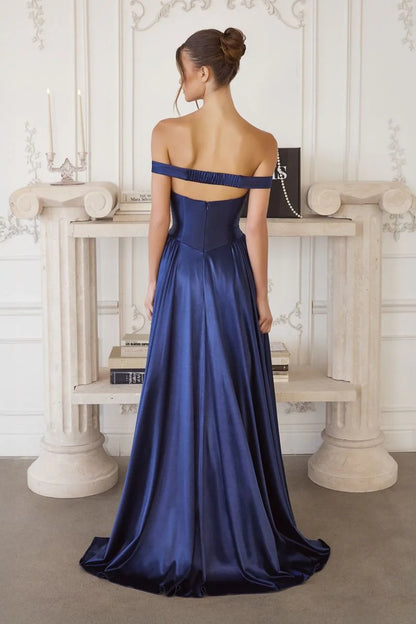 Timeless satin a line off shoulder sleeveless open back floor length evening dress with side pockets and train