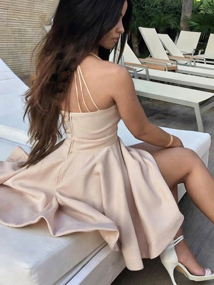 Triple Thin Strap Deep V Crisscross Back Skater Mini Homecoming Dresses
