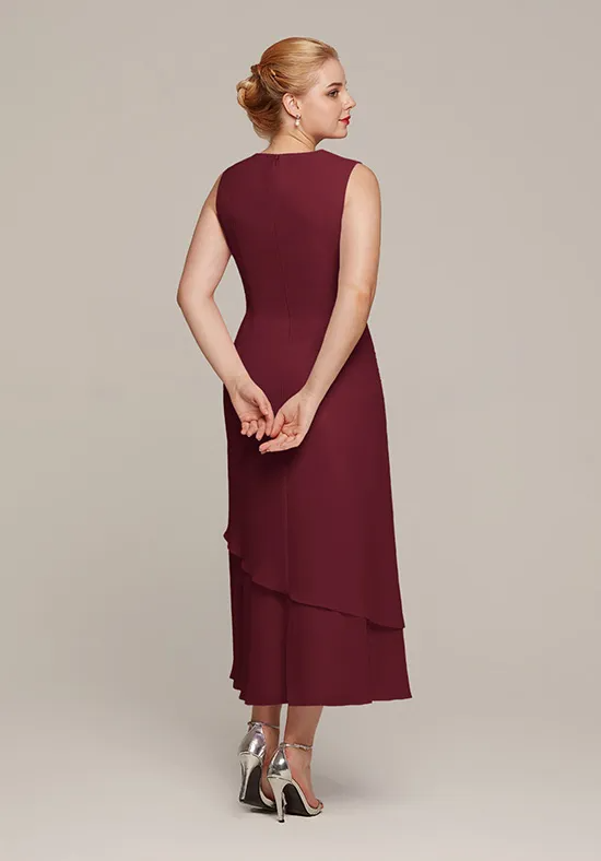 Elegant Chiffon Two-Piece Round Neck Ruched Tiered Tea-Length Mother of the Bride Dress with Jacket