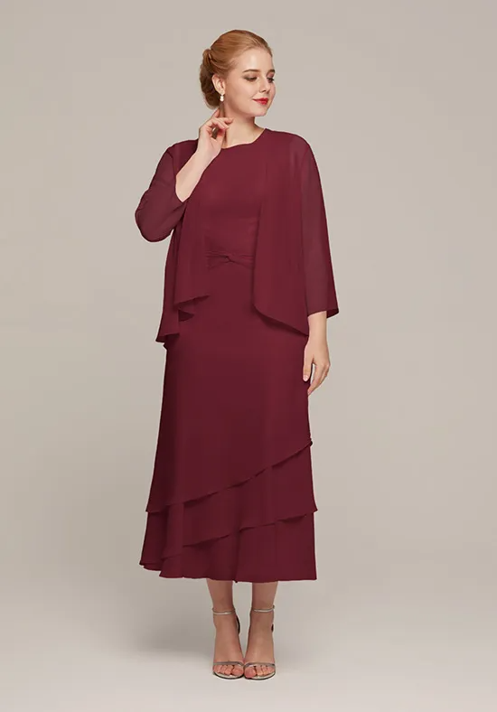 Elegant Chiffon Two-Piece Round Neck Ruched Tiered Tea-Length Mother of the Bride Dress with Jacket